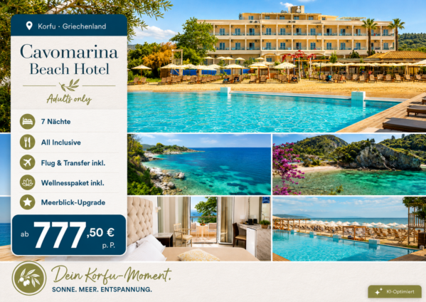 Griechenland: Korfu – Kavos – Cavomarina Beach Hotel – Wellness-Auszeit auf Korfu – 8 Tage inklusive Flug und All Inklusive ab 777,50 €