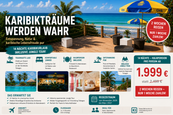 Half Moon Blue Hotel Tobago – 14 Nächte Karibikurlaub inklusive Jungle Tour – 2 Wochen reisen, nur 1 Woche zahlen!