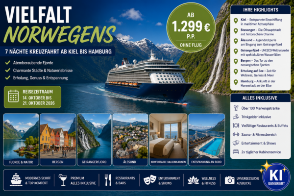 7 Nächte Kreuzfahrt Vielfalt Norwegens ab Kiel bis Hamburg mit Mein Schiff® mit Balkonkabine