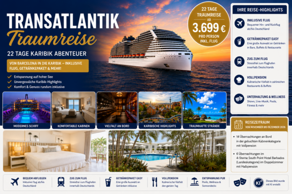 MSC World Europa Transatlantikreise – 22 Tage Karibik-Traumreise – Karibik & Barbados ab Barcelona – Inklusive Flug, Getränkepaket & Zug zum Flug