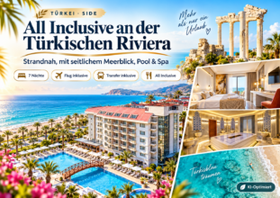 Türkei: Side – Alanya – Sey Beach Hotel & Spa – Upgrade DZ seitl. Meerblick – 8 Tage mit Flug und All Inklusive ab 463 €