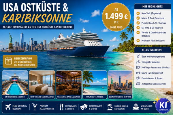15 Nächte Kreuzfahrt USA Ostküste & Karibiksonne ab Bayonne bis La Romana mit Mein Schiff 1